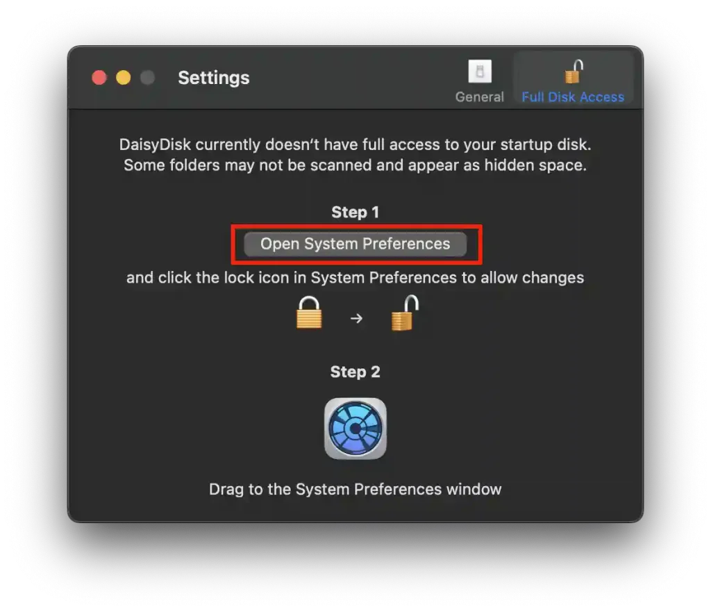 데이지 디스크(DaisyDisk) Settings 전체 디스크 권한 클릭